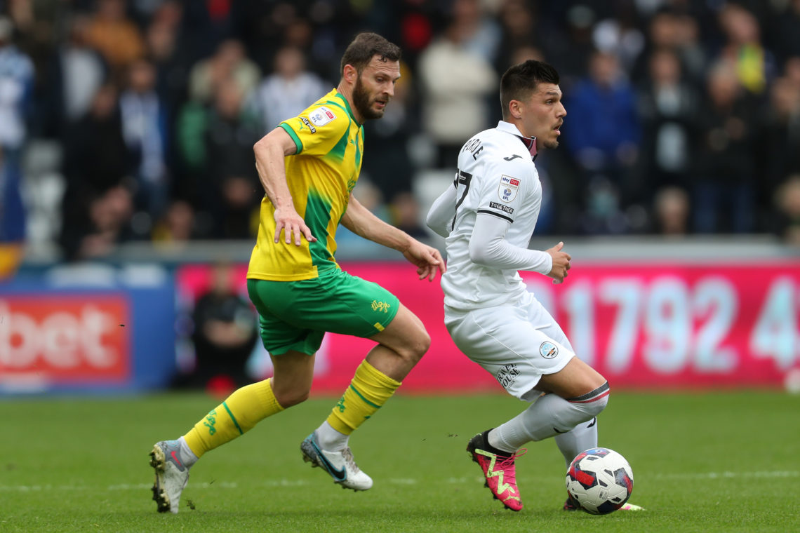 SWANSEA, WALES - MAY 08: Erik Pieters of West Bromwich Albion and Joel Piroe of Swansea City during the Sky Bet Championship between Swansea City a...