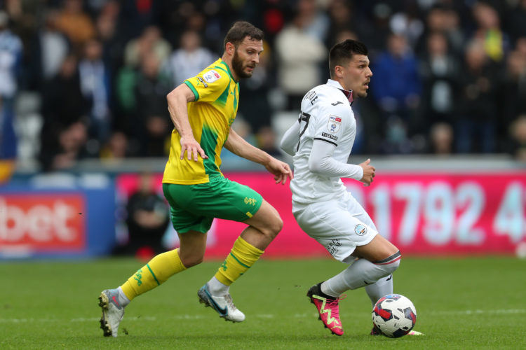SWANSEA, WALES - MAY 08: Erik Pieters of West Bromwich Albion and Joel Piroe of Swansea City during the Sky Bet Championship between Swansea City a...