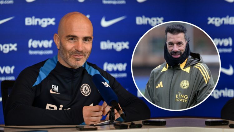Head Coach Enzo Maresca of Chelsea attends a press conference at Chelsea Training Ground. Inset, Ruud van Nistelrooy.