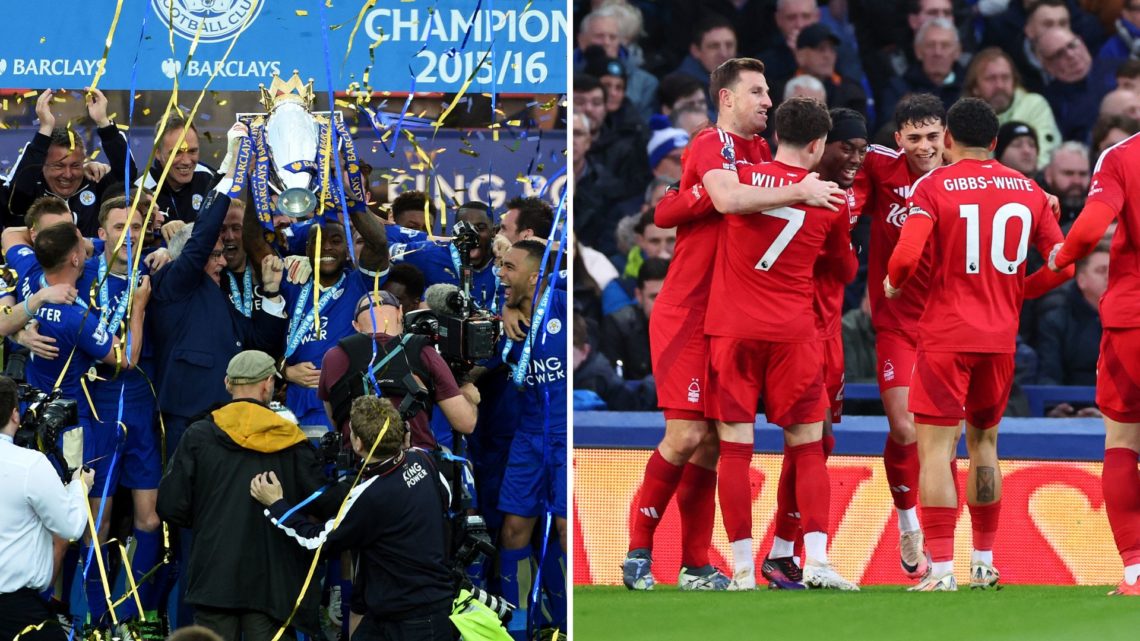 Leicester City winning the Premier League in 2016 and of Nottingham Forest celebrating a goal