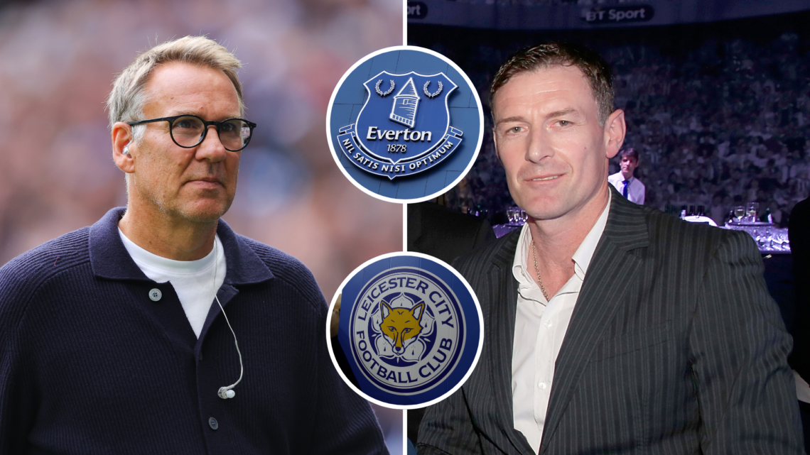Paul Merson and Chris Sutton with insets of Everton and Leicester badges