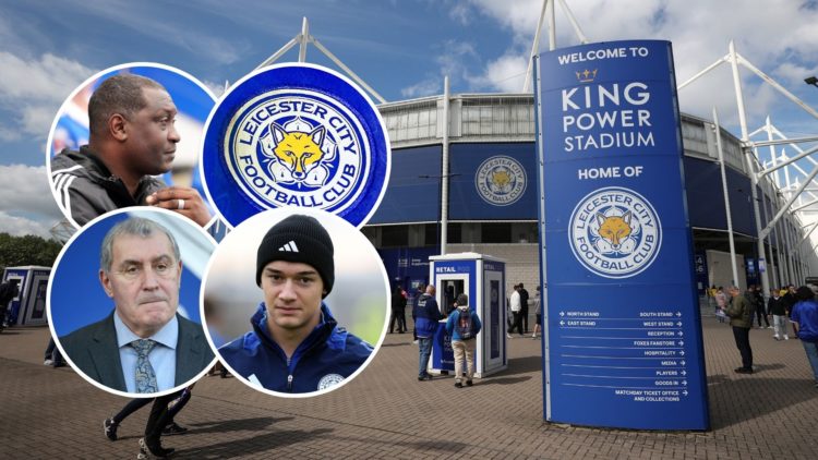 King Power Stadium exterior. Inset, Will Alves, Emile Heskey and Peter Shilton with the Leicester badge