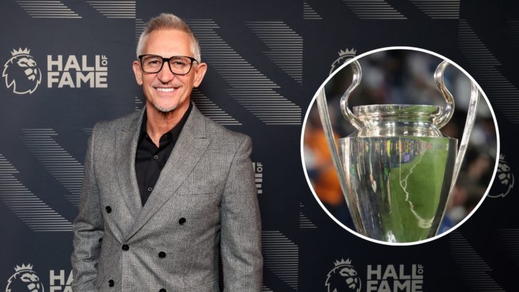 An image of Gary Lineker with an inset of the Champions League trophy