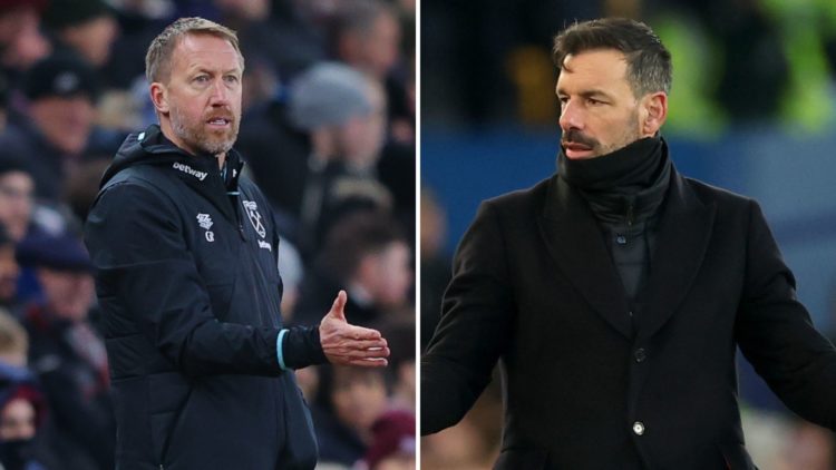 Graham Potter (left) instructs his West Ham United team at the London Stadium. Ruud van Nistelrooy (right) looks perplexed during a Leicester City ...