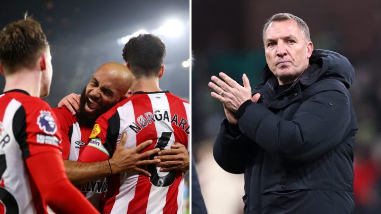 Split image of Brendan Rodgers and Bruan Mbeumo surrounded by Brentford teammates.