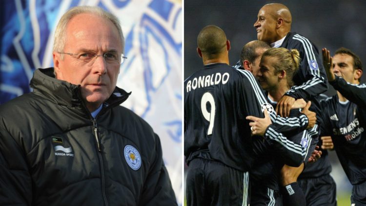 Split image of Sven-Gorran Eriksson during his time at Leicester City, and Zinedine Zidane and Ronaldo congratulating David Beckham of Real Madrid