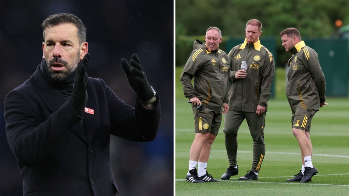 Ruud van Nistelrooy (left) acknowledges the crowd during a Leicester City match. Steve Cooper, Alan Tate and Steve Rands (right) oversee a Leiceste...