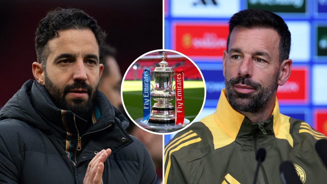 Split image of Ruben Amorim and Ruud van Nistelrooy. Inset, the FA Cup.