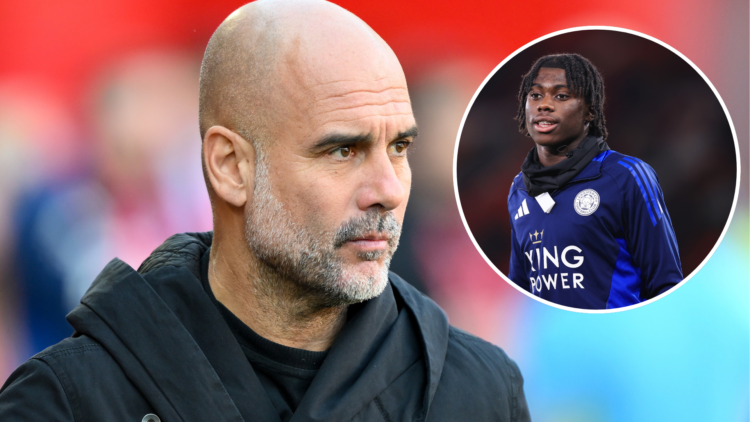 Manchester City boss Pep Guardiola watches on. Inset of Leicester City teenager Jeremy Monga in training.
