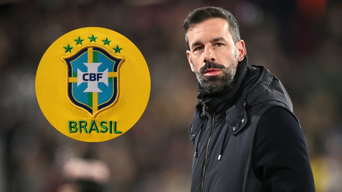 Leicester manager Ruud van Nistelrooy. Inset of Brazil badge.