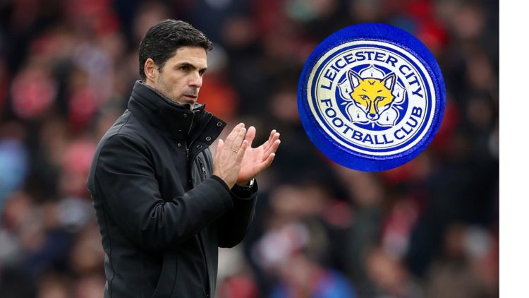 Arsenal boss Mikel Arteta. Inset of Leicester City badge.
