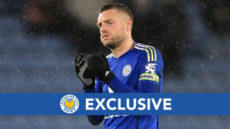 Jamie Vardy looking dejected. Inset of Leicester City exclusive badge.
