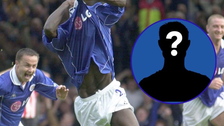 Leicester City striker Ade Akinbiyi celebrates scoring a goal in 2000 and an insert of a mystery player