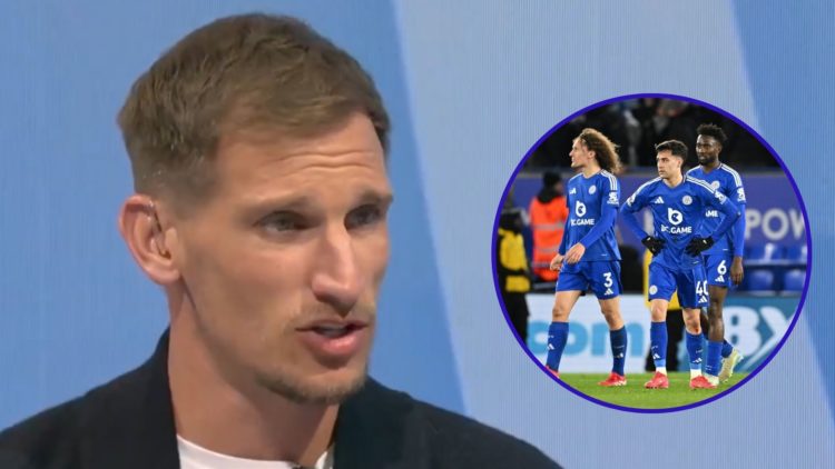 Marc Albrighton appears as a pundit on Sky Sports for Leicester City vs Manchester United. Inset, Leicester City players look deflated after a goal...