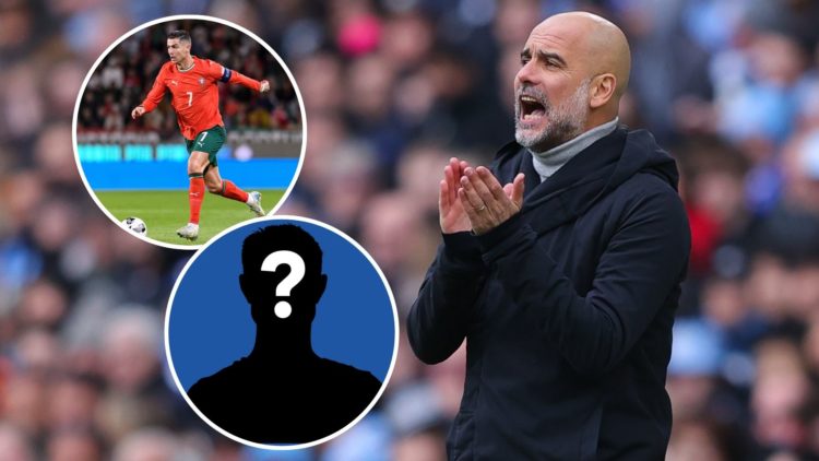 An image of Pep Guardiola (right) with insets of Cristiano Ronaldo and a mystery player (circled).