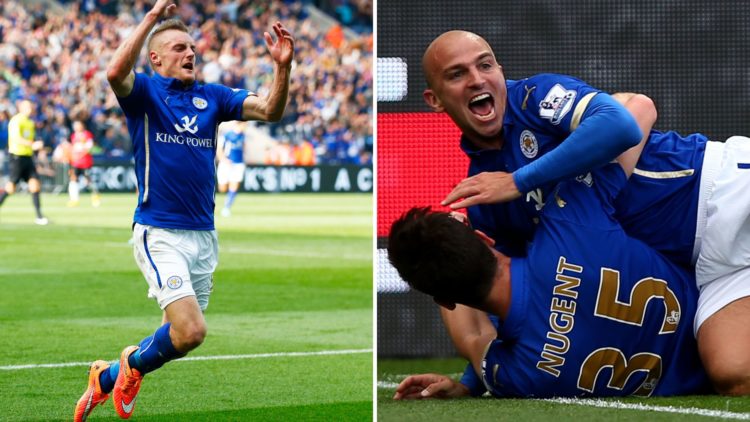 Jamie Vardy (left) celebrates scoring for Leicester City against Manchester United in 2014 and Esteban Cambiasso and David Nugent (right) celebrate...