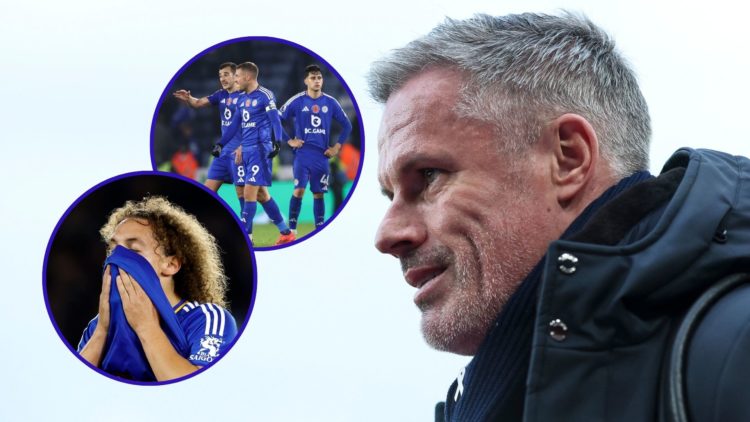 Jamie Carragher preparing for punditry duty on Sky Sports. Inset one is three Leicester City players looking dejected after defeat. Inset two is Wo...