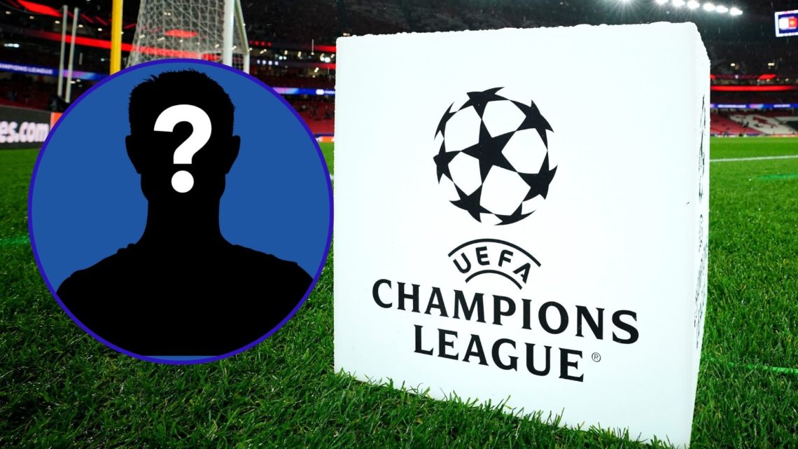 The Champions League emblem by the side of a pitch and an inset of a mystery player
