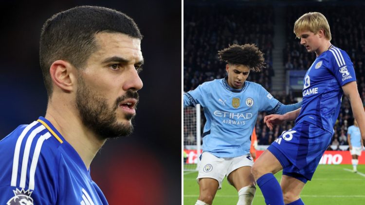 Conor Coady (left) watches on during a Leicester game. Leicester City defender Victor Kristiansen and Manchester City defender Rico Lewis (right) b...
