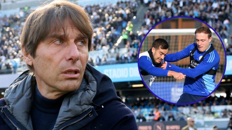 Antonio Conte watches on during a Napoli game. An inset of Harry Winks and Oliver Skipp battling for the ball during a Leicester City training sess...