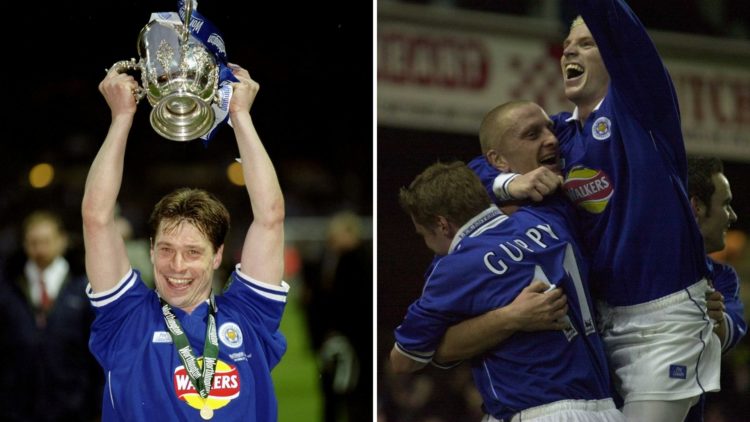 Leicester City striker Tony Cottee (left) celebrates winning the Worthington Cup in 2000 and Matt Elliott, Steve Guppy and Neil Lennon (right) cele...