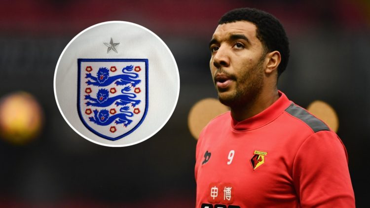 An image of Troy Deeney (right) with an inset of an England badge (circled).