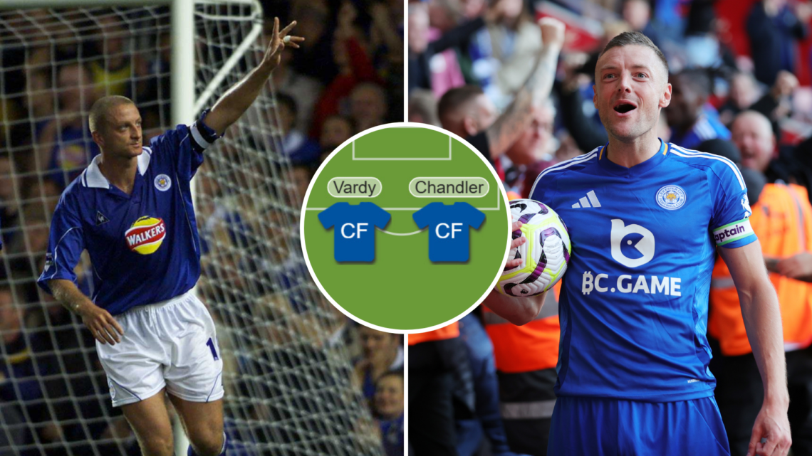 Matt Elliot (left) celebrates a goal for Leicester City. Inset of the Leicester City lineup graphic. Jamie Vardy (right) taunts fans after scoring.