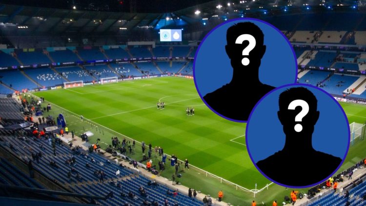 The Etihad Stadium ahead of a Champions League game. Two insets of mystery figures.