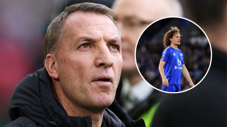 An image of Brendan Rodgers (left) with an inset of Wout Faes (circled).