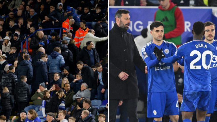 Leicester City fans (left) leave the King Power Stadium after a Manchester United goal and manager Ruud van Nistelrooy (right) watches on during a ...
