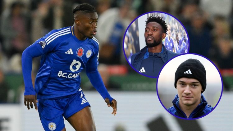 Abdul Fatawu (left) looks on during a Leicester City match. Inset one is Wilfred Ndidi arriving for a Leicester match and inset two is Will Alves i...