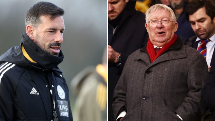Leicester City manager Ruud van Nistelrooy (left) watches a training session and former Manchester United manager Sir Alex Ferguson (right) watches...