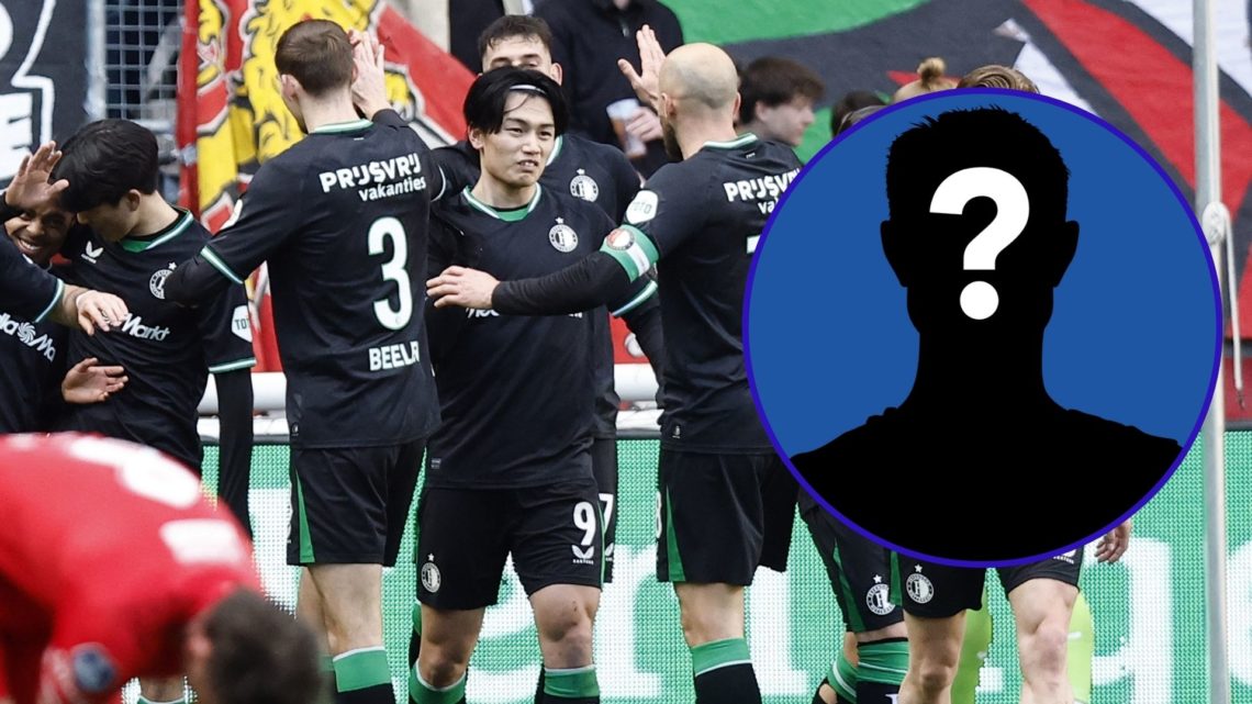 Feyenoord player Jakub Moder celebrates a goal with his teammates. An inset of a silhouetted figure depicting a mystery figure
