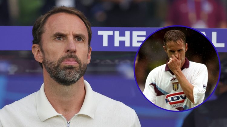 Gareth Southgate watches on from the dugout. Inset of Gareth Southgate playing for Aston Villa in 1999