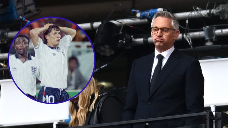 Gary Lineker watches on nervously at the 2021 FA Cup final. An inset of Gary Lineker looking disappointed at the 1990 World Cup.