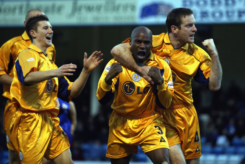 Frank Sinclair of Leicester City celebrates his goal with team-mates