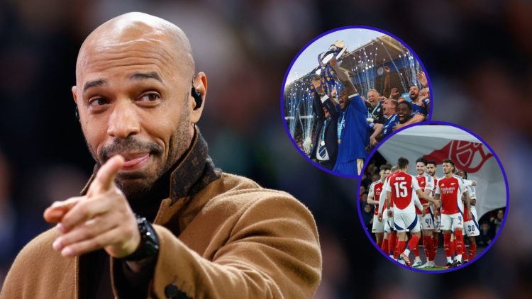 Thierry Henry (left) on pitch side coverage for a CBS broadcasted-Champions League fixture. Inset one is an image of Leicester City lifting the Pre...