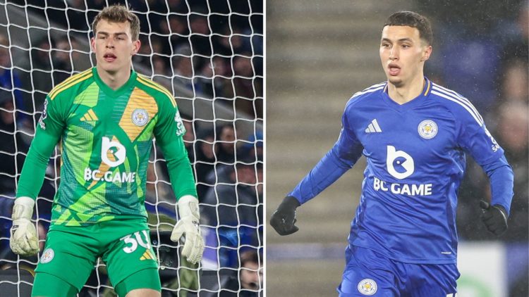 Leicester City goalkeeper Mads Hermansen (left) watches his teammates and Bilal El Khannouss (right) waits for the ball