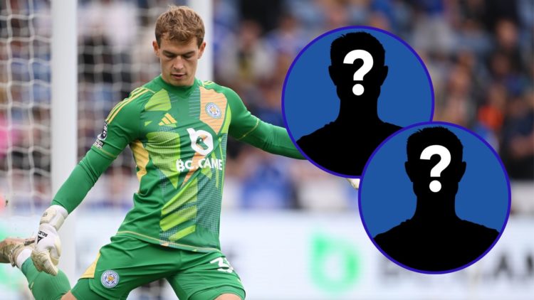 Mads Hermansen takes a goal kick for Leicester City. The two insets of silhouetted figures represent mystery players.
