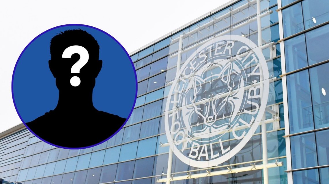 An outside shot of the King Power Stadium on a matchday. An inset of a silhouetted mystery figure.