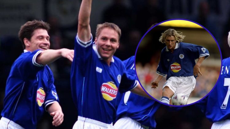 An image of Leicester City players celebrating a goal and an insert of Robbie Savage playing a pass for Leicester City.
