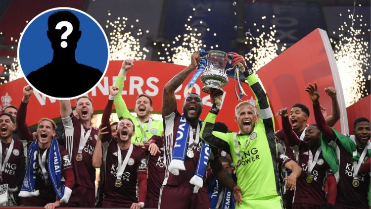 Leicester City lift the Emirates FA Cup Trophy with a mystery player insert