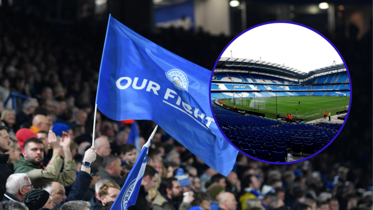 Leicester City fans show their support inside the King Power Stadium. The inset features a general view of the Eithad Stadium, the home ground of M...