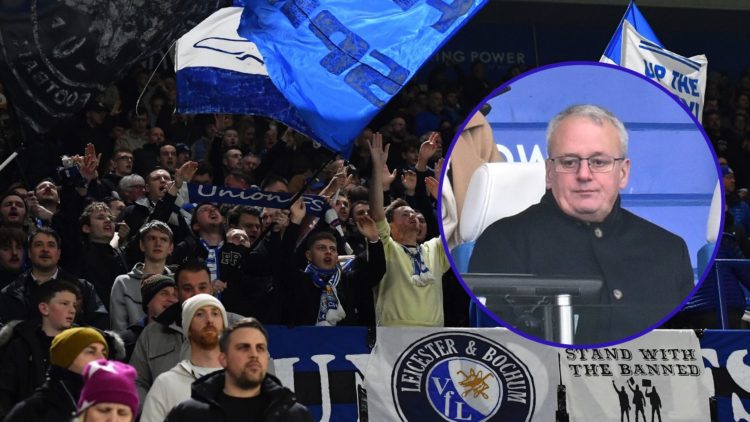 Leicester City fans support their team during a home game and an insert of Leicester City director of football Jon Rudkin watching on at the King P...