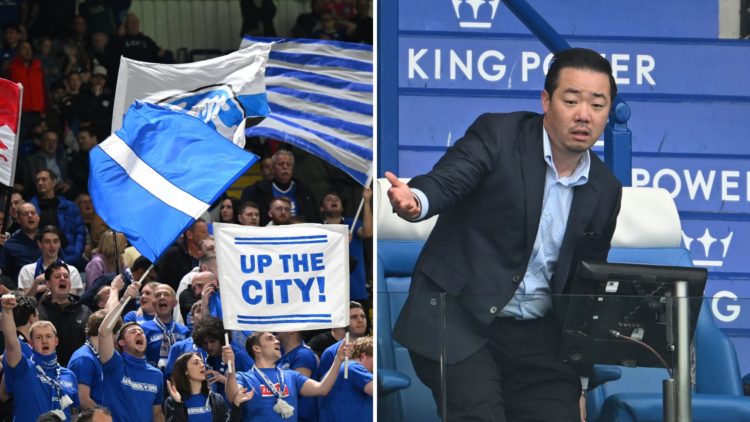 Leicester City fans (left) try to get behind the team. Leicester chairman Aiyawatt Srivaddhanaprabha (right) gets frustrated watching the side.