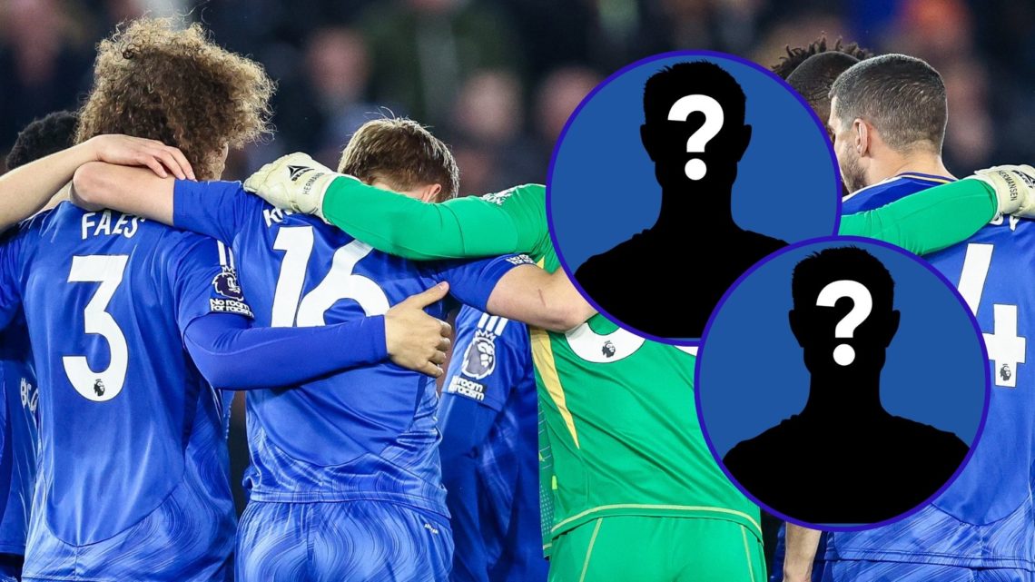 The Leicester City players huddle together before their game against Manchester United and two insets of mystery players