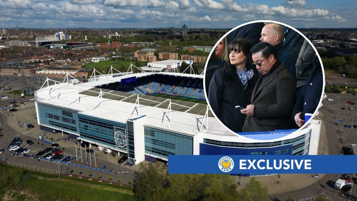 An image of Leicester City stadium (centre) with Aiyawatt Srivaddhanaprabha as an inset (left).