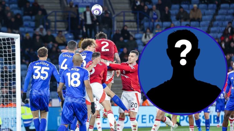 The Leicester City players defend a corner against Manchester United. Inset of a mystery player.
