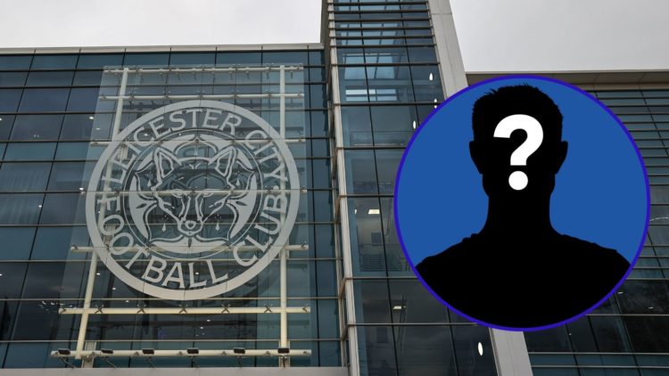 The backdrop of Leicester City's home ground, the King Power Stadium. An inset of a silhouetted figure