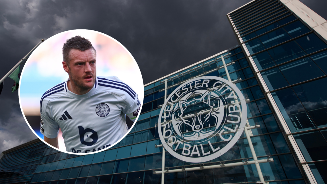 An image of the outside of the King Power Stadium (right) with Jamie Vardy (left, circled).